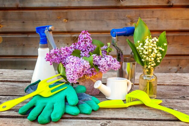 Herramientas de jardinería en mesa de madera