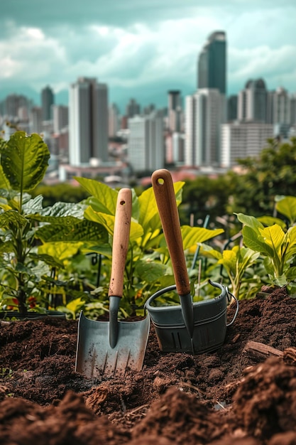 Herramientas de jardinería y plantas en ollas contra un telón de fondo de la ciudad