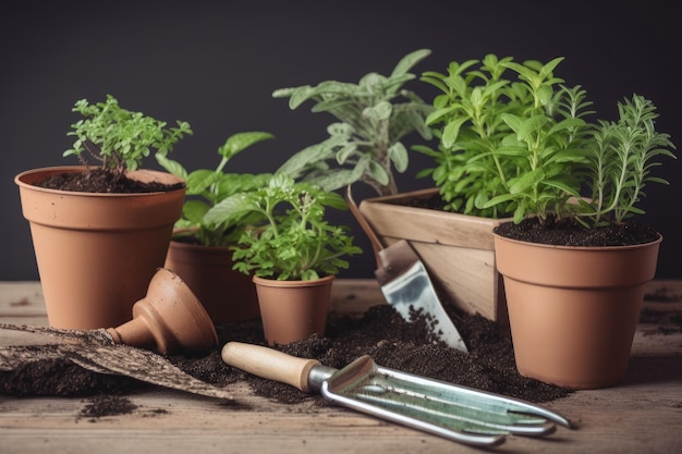 Herramientas de jardinería que cultivan plantas y hierbas en macetas en la ciudad creadas con ai generativo