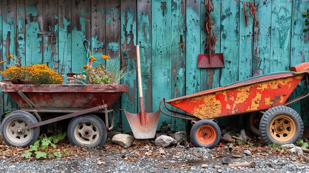 Herramientas de jardinería rústicas contra una pared turquesa