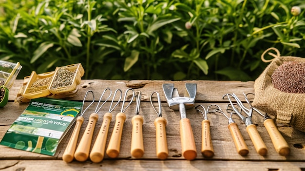 Foto herramientas de jardinería y semillas en la mesa