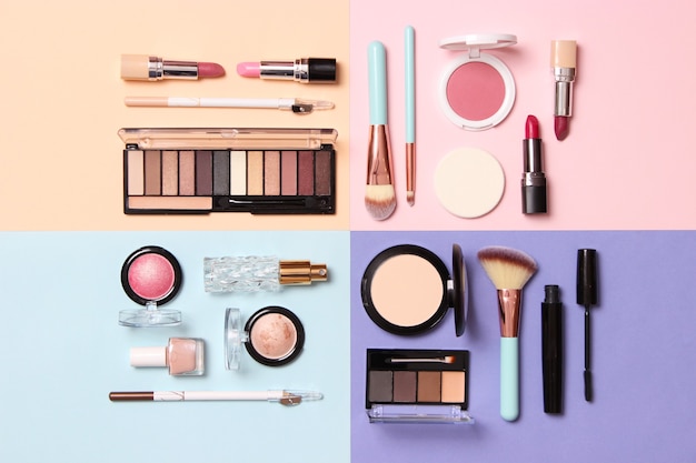 Herramientas de maquillaje profesionales. Productos de maquillaje. Un conjunto de diversos productos para el maquillaje. Foto de alta calidad