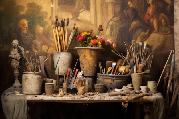 Herramientas y pinceles de artistas cerca de una pintura antigua creada con ai generativo