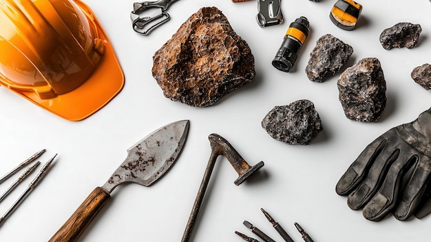 Herramientas de prospección aisladas en blanco ideales para visuales de exploración de oro y minerales