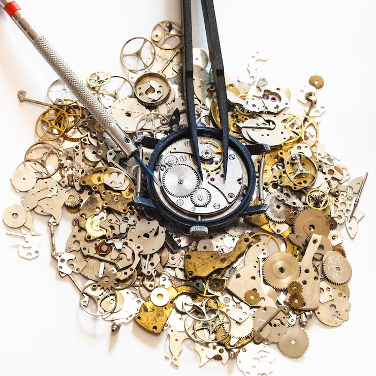 Foto herramientas sobre reloj en montón de piezas de repuesto
