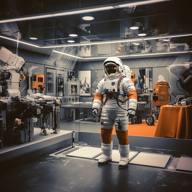 herramientas sofisticadas y trajes de astronauta en exhibición