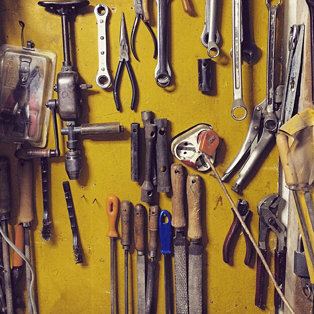 Foto herramientas de trabajo montadas en la pared