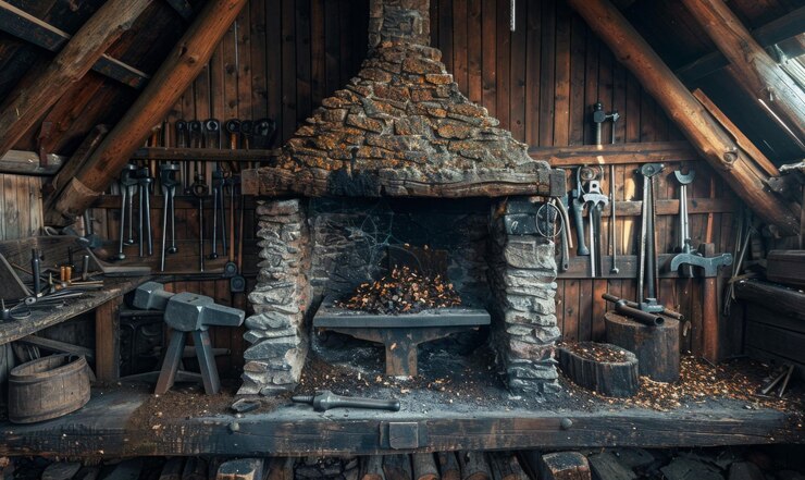 Una herrería medieval abandonada con herramientas y un yunque situado en un cobertizo de madera rústico