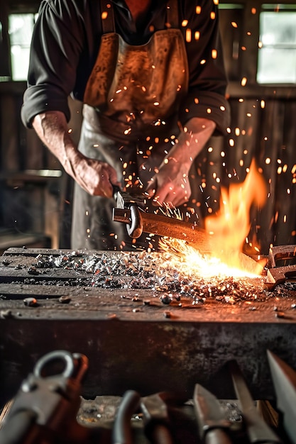 Un herrero creando trabajos en metal con herramientas tradicionales.