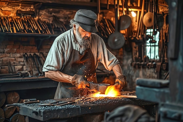Un herrero creando trabajos en metal con herramientas tradicionales.