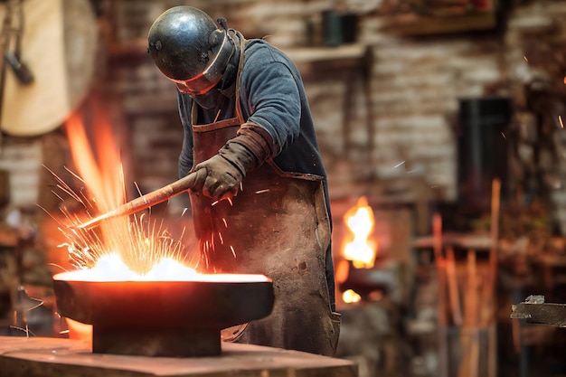 Herrero en taller forja producto de metal en yunque con martillo