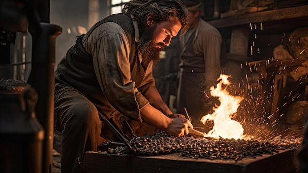 Herrero trabajador forjando metal a la luz del fuego