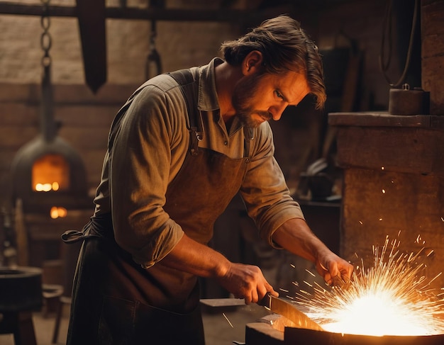 Herrero trabajando en metal creando chispas en una forja tradicional bien equipada