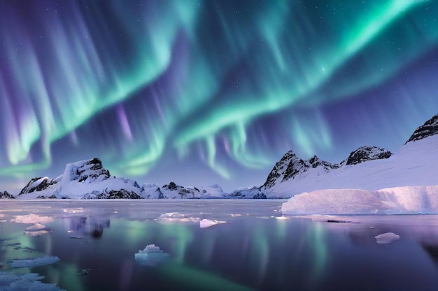 Herrliche Aurora Borealis über arktischer felsiger Meereslandschaft 3D-Kunstwerk-szenischer Hintergrund