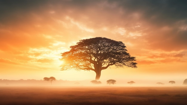 Herrliche Morgendämmerung hinter hohen Bäumen im Frühling mit Nebel. Silhouette eines großen Baumes mit strahlender Sonne. Savannenfeld in Afrika im Frühling. Verschwommener Hintergrund