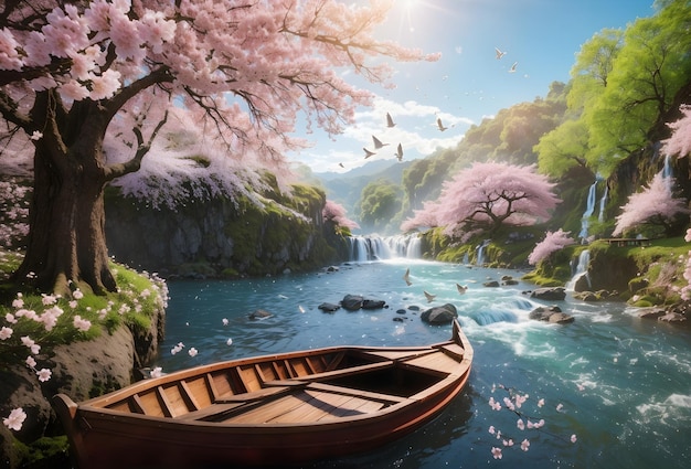 Herrliche Panorama-Frühlingslandschaft mit fallenden Kirschblüten an einem wunderschönen und friedlichen See