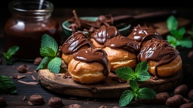 Herrliche Profiteroles mit Schokoladenaufstrichcreme und duftendem Tee auf einem eingewickelten Tisch. Kreative Ressource AI generiert