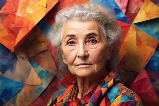 Herrliche Schönheit einer alten georgischen Frau aus nächster Nähe auf abstraktem, dreieckigem, farbenfrohem Hintergrund