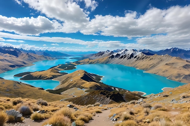 Herrlicher Ausblick auf den blauen Himmel, den unvergleichlich hohen Berg und den tieftürkisfarbenen See