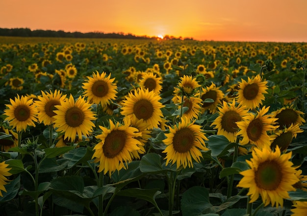 Herrlicher Panoramablick vom Sonnenblumenfeld im Sommer bei Sonnenuntergang