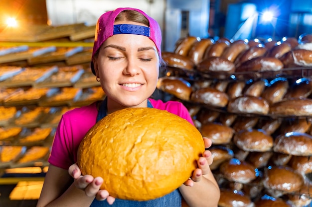 Herstellung von Backwaren Ein glückliches Mädchen mit europäischem Aussehen lächelt die Bäckerei an