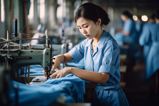 Herstellung von Kleidungsstücken Asiatische Näherin bei der Arbeit