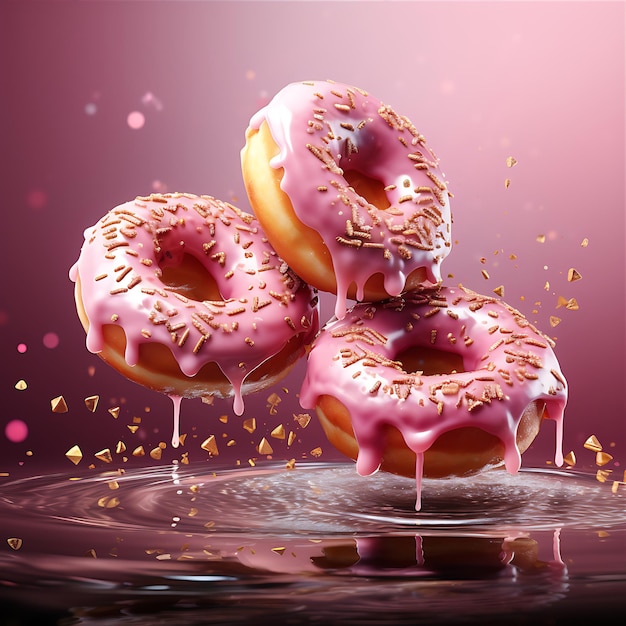Herunterfallende leckere Donuts mit Streuung Farbige Donuts mit Strömen und rosa Glasur für Werbung