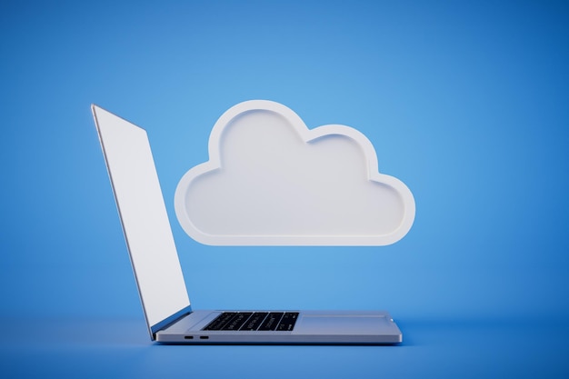 Herunterladen und Hochladen von Informationen auf Cloud-Storage-Laptop und Speicher-Symbol auf einem blauen Hintergrund 3D-Rendering