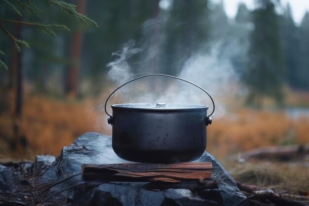 Un hervidor de agua para acampar cuelga sobre un fuego en el bosque en verano Vacaciones activas en vacaciones Generado por IA