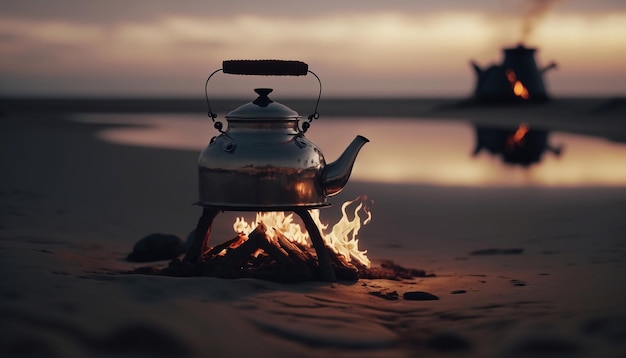 Hervidor de agua en una fogata en la playa Bebida caliente en la naturaleza