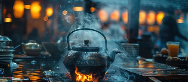 Foto el hervidor de té hirviendo en la mesa