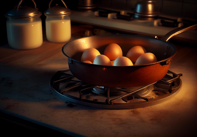 Hervir los huevos en una sartén en la cocina