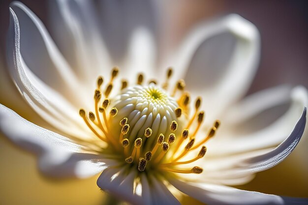 Hervorragende Nahaufnahme einer weißen Blüte im Sonnenschein, die ihren gelben Nektar zum Vorschein bringt