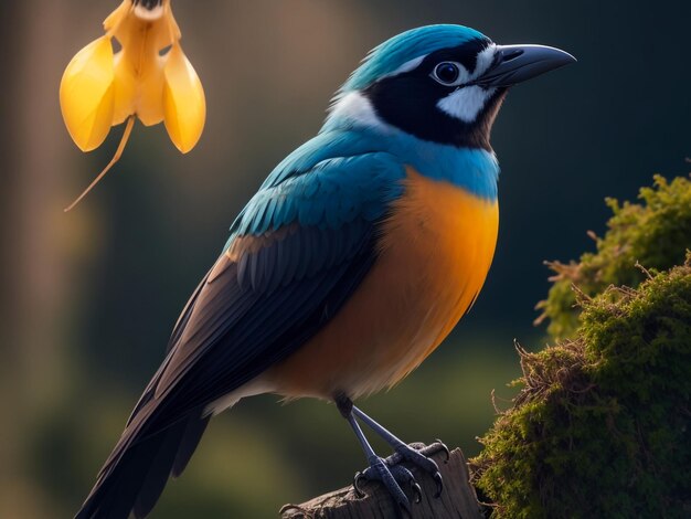 Hervorragender Star Lamprotornis Superbus mit blauen und orangefarbenen Federn, der auf einer Holzstange sitzt