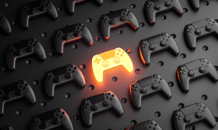 Foto hervorragendes konzept. glühendes gamepad zwischen mehreren schwarzen joysticks hintergrund-3d-rendering