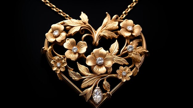 Foto herz aus gold herz anhänger schmuck geschmückt mit blumen und blättern