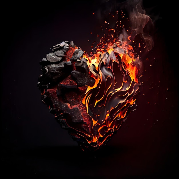 Herz aus Lava isoliert auf schwarzem Hintergrund