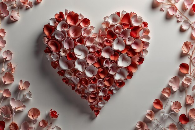 Herz aus rosa und roten Blumen auf weißem Hintergrund, generiert von KI