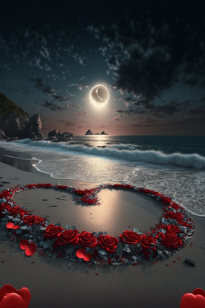 Herz aus Rosen am Strand generative ai