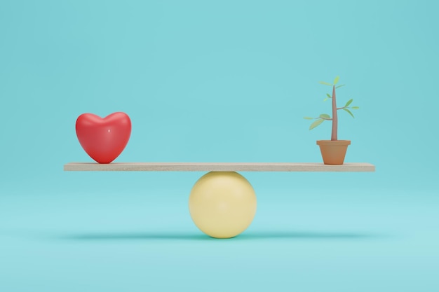 Herz gegen Sämlinge auf der Waage Wichtigkeit Liebe zur grünen Ökologie auf der Waage 3D-Rendering
