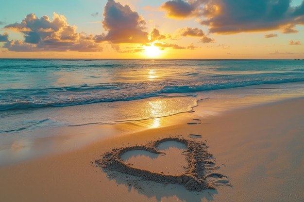 Foto herz gezeichnet auf dem sand gegen einen sonnenuntergang am strand