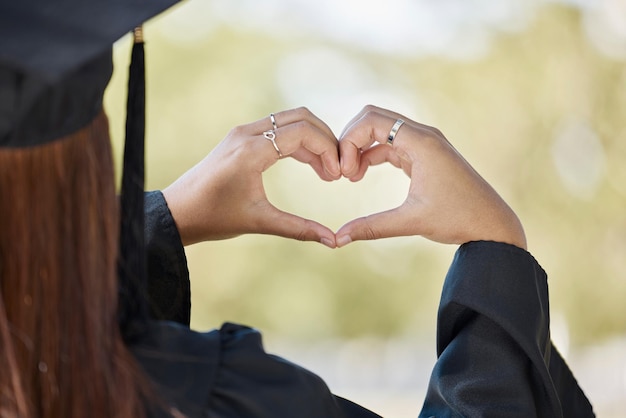 Herz-Handzeichen des Studentenabschlusses und Bildungserfolg im Freien mit verschwommenem Hintergrund Erfolg der Universitätshochschule und Liebes-Emoji-Händegeste von Bildungsveranstaltung und Absolventin