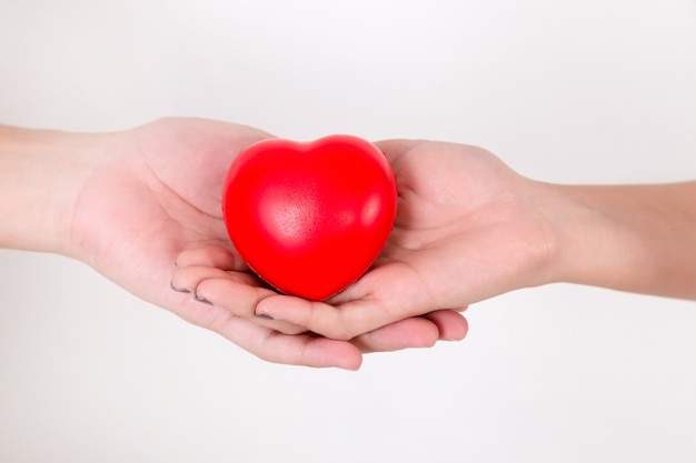 Herz in den Händen der Paarliebe. Getrennt auf weißem Hintergrund. Studiobeleuchtung.