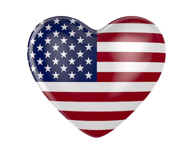 Herz mit amerikanischer Flagge auf weißem Hintergrund Isolierte 3D-Illustration