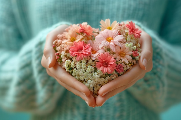 Herz mit Blumen Liebe und Emotionen Konzept gut herzige Person Hilfe und Wohltätigkeit Muttertag