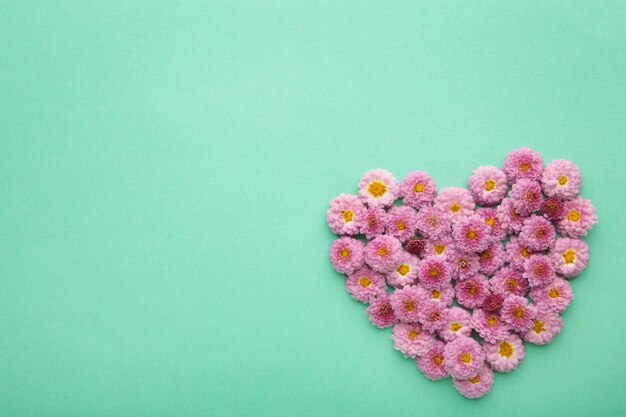 Herz mit rosa Blumen auf tadellosem Hintergrund. Ansicht von oben