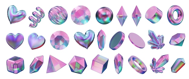Herz und Edelstein holographische Dekoration Set Pack isolierter Hintergrund 3D-Rendering