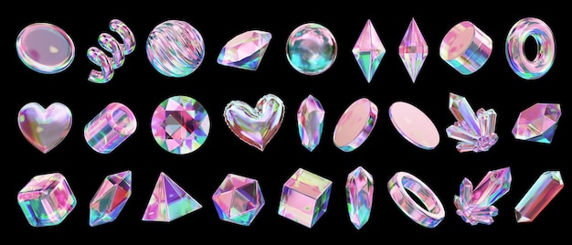 Herz und Edelstein holographische Dekoration Set Pack isolierter Hintergrund 3D-Rendering