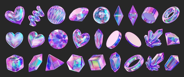 Herz und Edelstein holographische Dekoration Set Pack isolierter Hintergrund 3D-Rendering