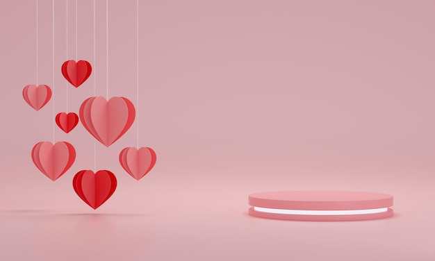 Herzballon, der mit Neonpodium schwimmt Happy Valentine's Day Pink Hintergrund